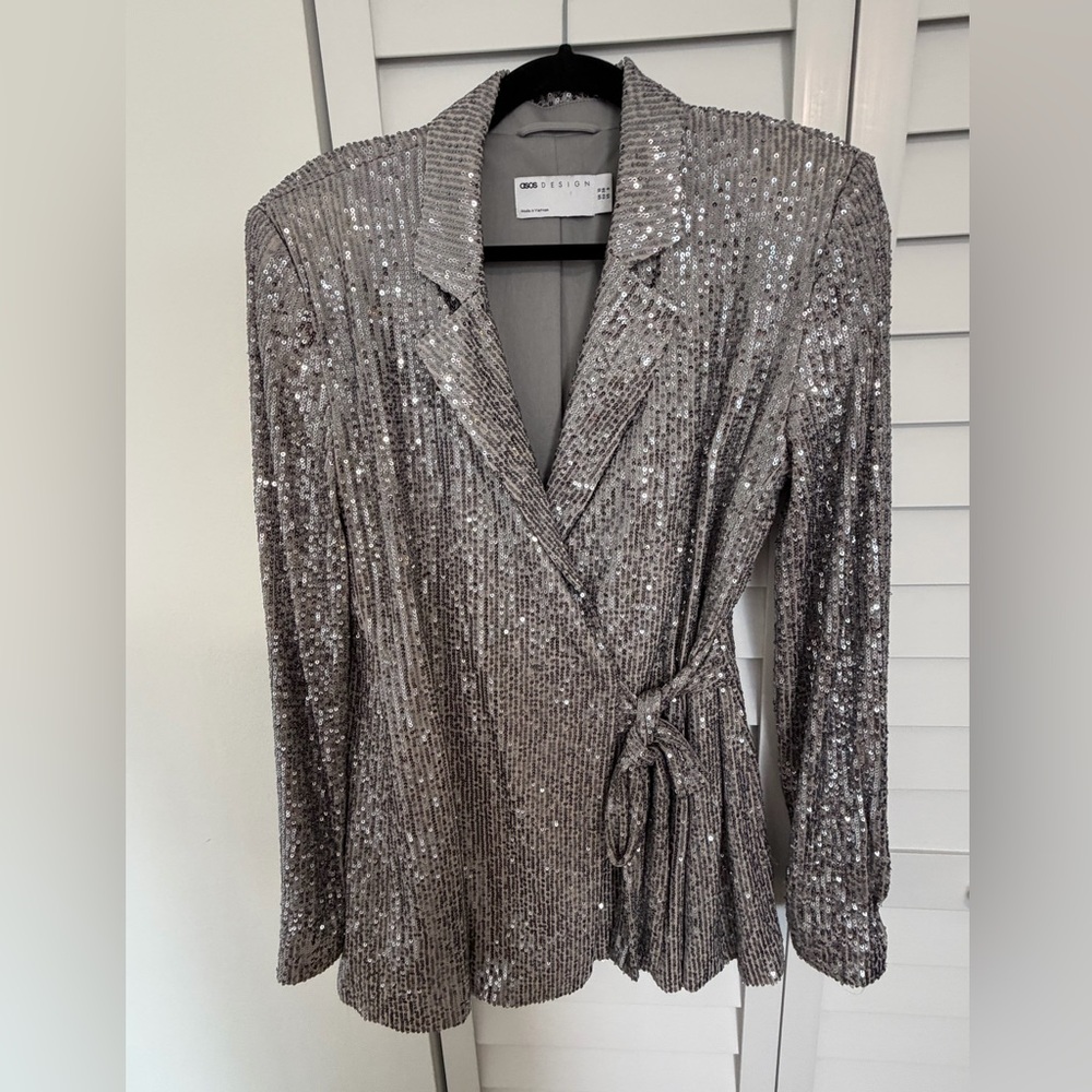 ASOS Sequin Wrap Blazer Dress in Silver